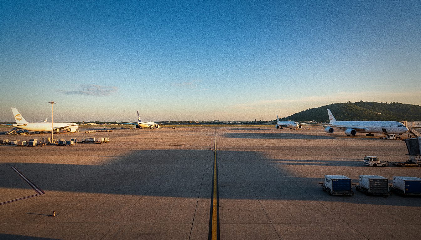Vorfeld des Flughafens Phuket mit parkenden Langstreckenjets